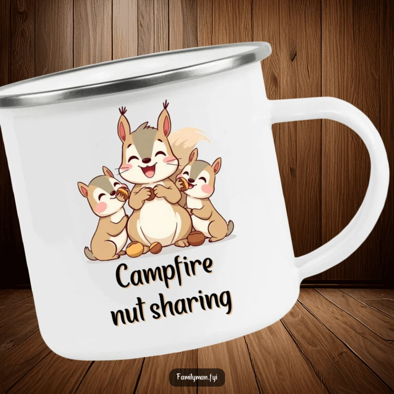 Funny squirrel camping mug, a squirrel sharing nuts with friends around a campfire, perfect for outdoor humor.