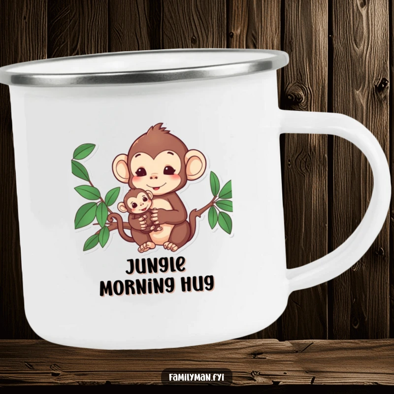 Funny Monkey Camping Mug: Content monkey holding its baby, ideal for outdoor trips and sharing love.