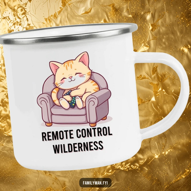 Funny enamel camping mug with a content cat on a tiny couch, holding a remote.