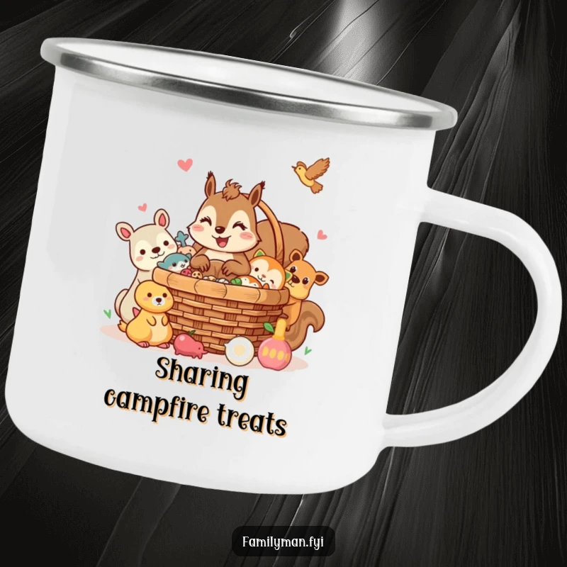 Funny squirrel camping mug, a cheerful squirrel sharing a picnic basket with animal friends in nature. Great for camping.