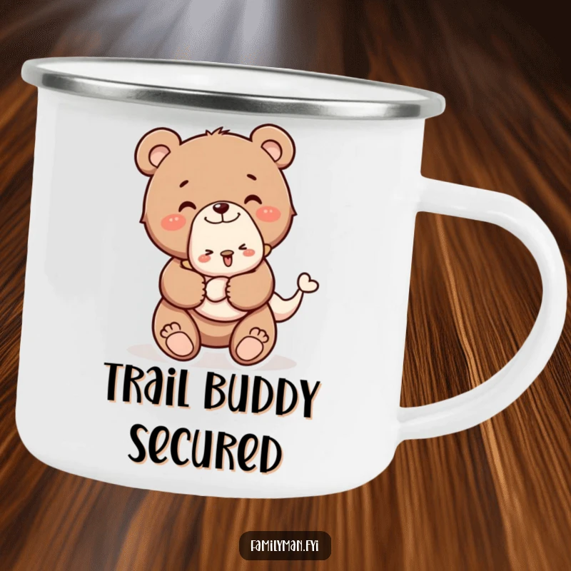 Funny camping mug showing a happy bear cub with a baby animal piggyback, perfect for outdoor trips and warm beverages.