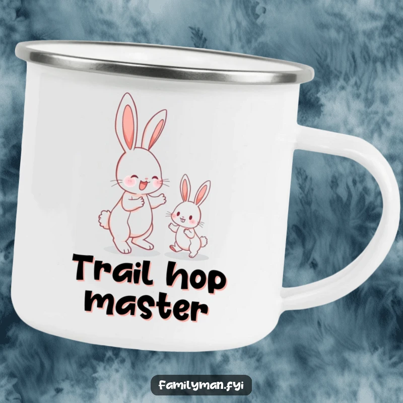 Funny bunny camping mug, a bunny teaching hopping in nature, perfect for outdoor humor and motivation.