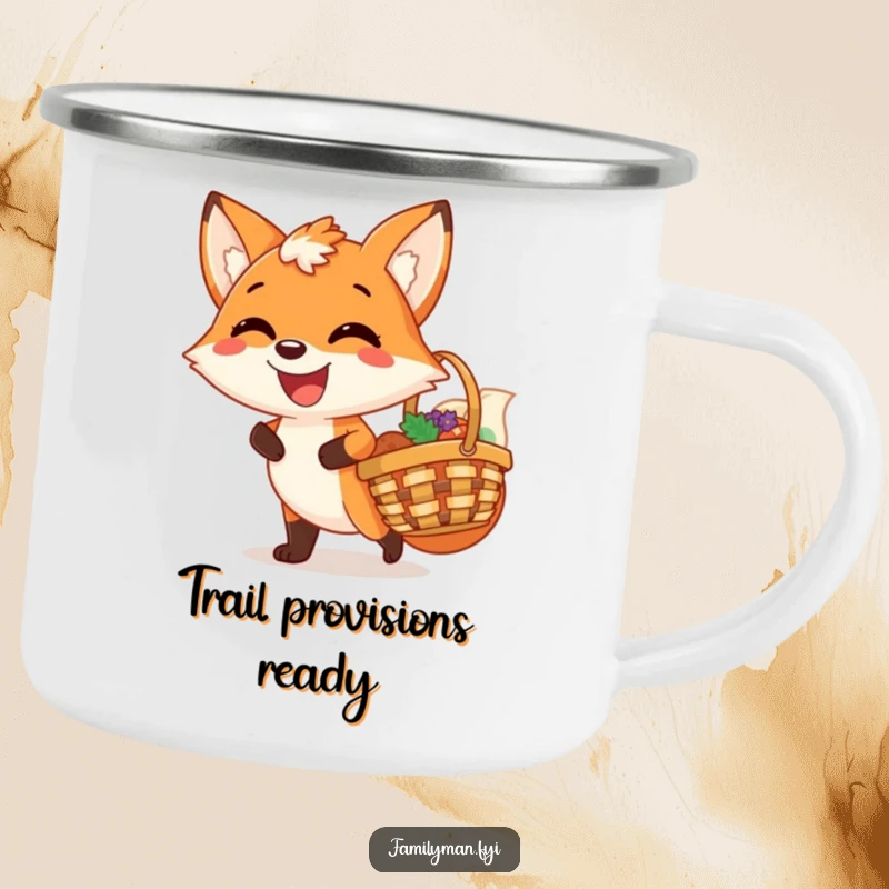 Funny camping mug featuring a joyful fox with a broad, satisfied grin, holding a picnic basket, ready for the outdoors.