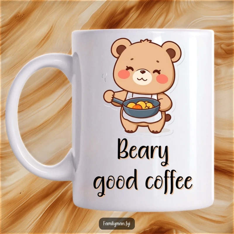 Funny cute bear character in apron, happily holding a frying pan with food, on a mug, a culinary delight.