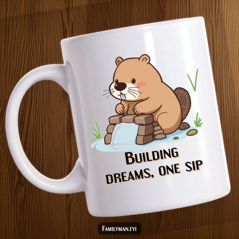 Funny Beaver Mug featuring a hardworking beaver diligently building a sturdy dam, embodying persistence and humor.