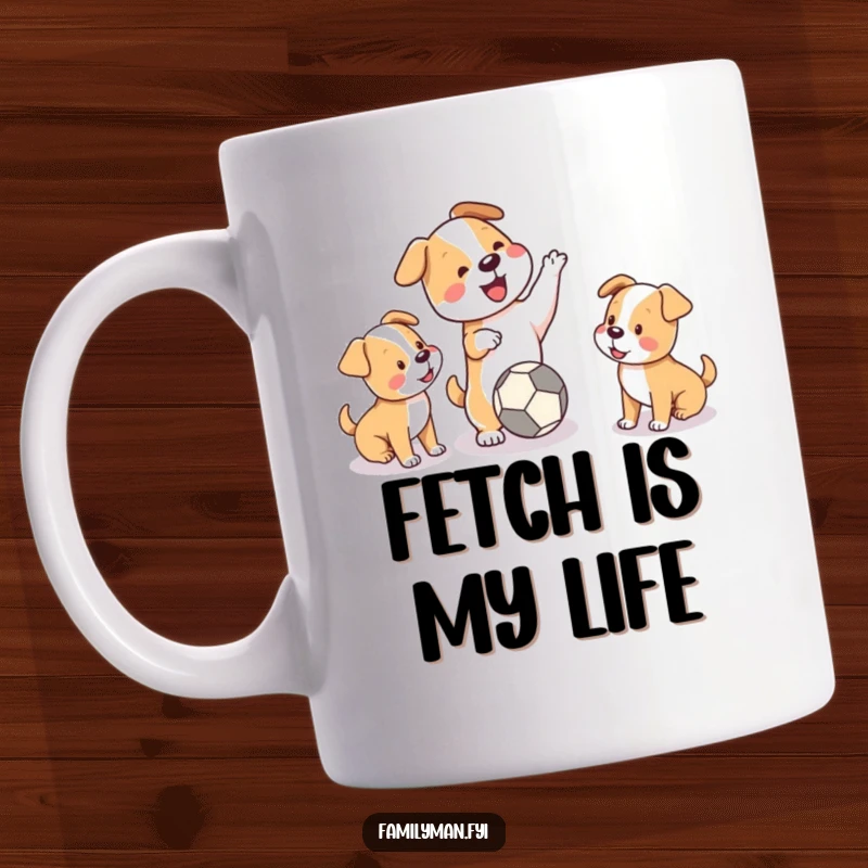 Funny mug showing a playful dog character throwing a ball for two eager puppies, depicting energetic and joyous playtime.