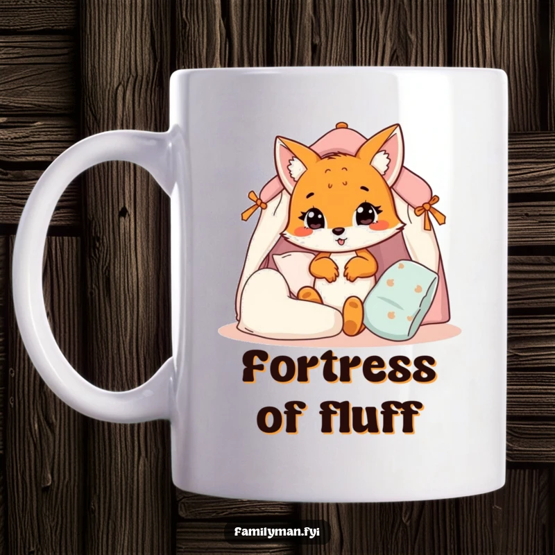 Funny fox cub mug, building a soft pillow fort with determination and a smile, showcasing cozy crafting humor.