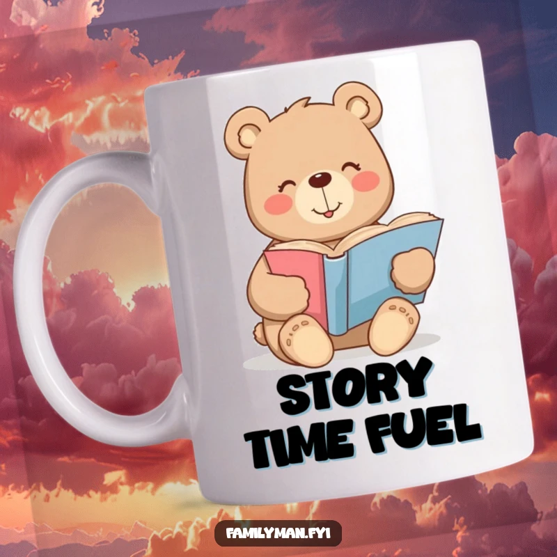 Funny bear mug with a warm smile contentedly reading a large storybook, evoking cozy and peaceful feelings.