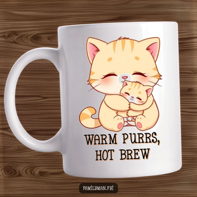 Funny Cat Mug showing a loving cat giving a comforting hug to a small kitten, embodying warmth and humor.
