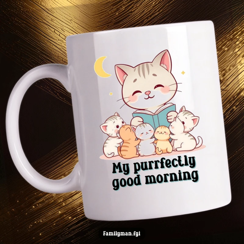 Funny cat mug showing a loving mother cat engrossed in reading a bedtime story to a pile of adorable, attentive kittens.