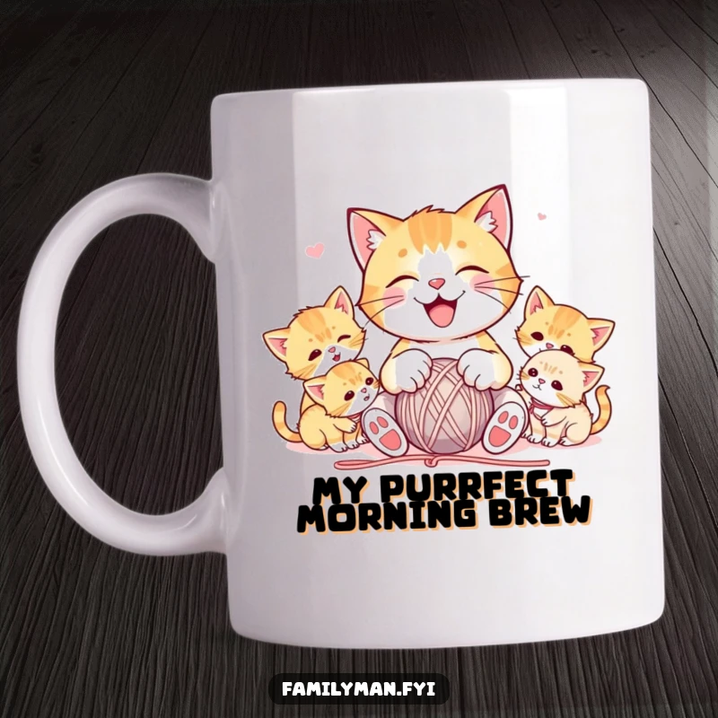 Funny mug showcasing a joyful cat character playfully tangled in a ball of yarn, while surrounded by cute, curious kittens, exuding warmth and fun.