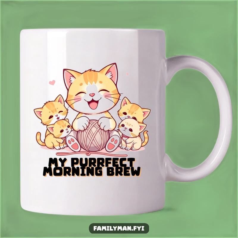 Funny Cat Yarn Mug: Joyful Feline Playing with Kittens, Perfect Gift for Cat Lovers