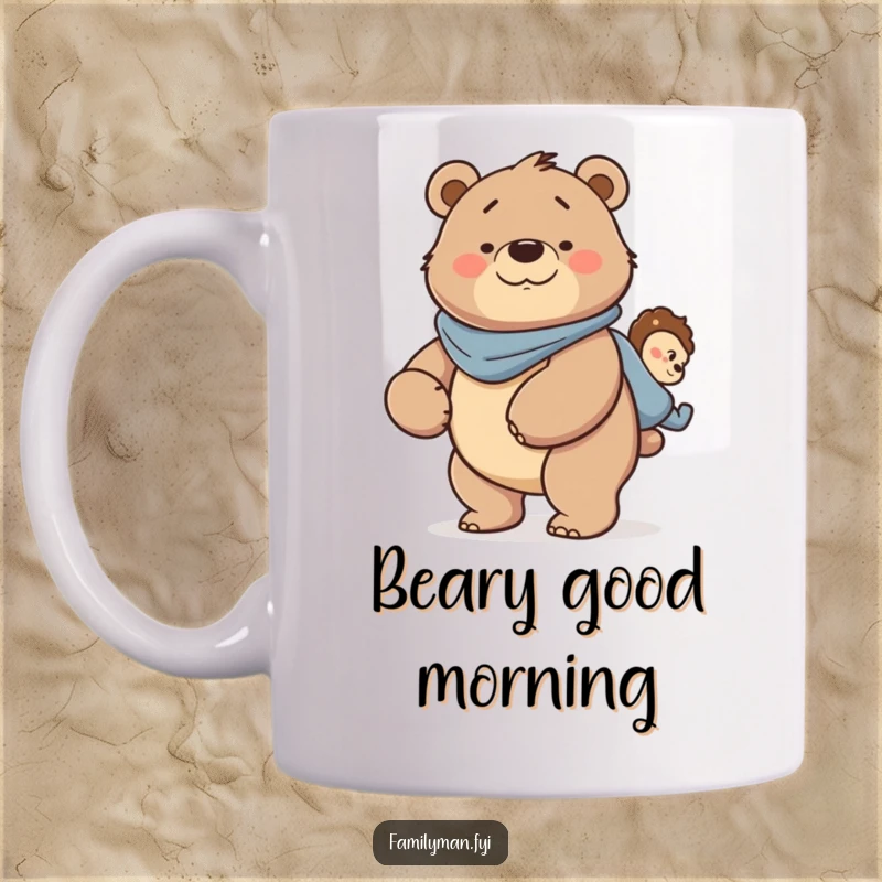 Funny Dad Bear Piggyback Mug: A strong father bear character smiling while giving a piggyback ride, symbolizing playful strength and love.