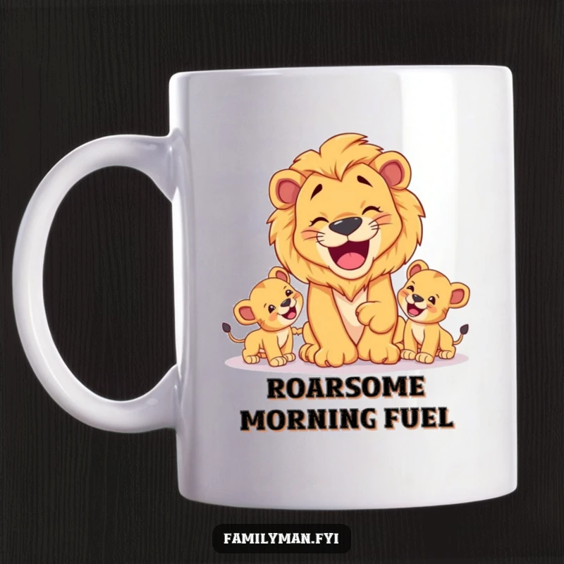 Funny Dad Lion Mug: A happy lion father playing fetch with his cubs, symbolizing joyful family bonding.