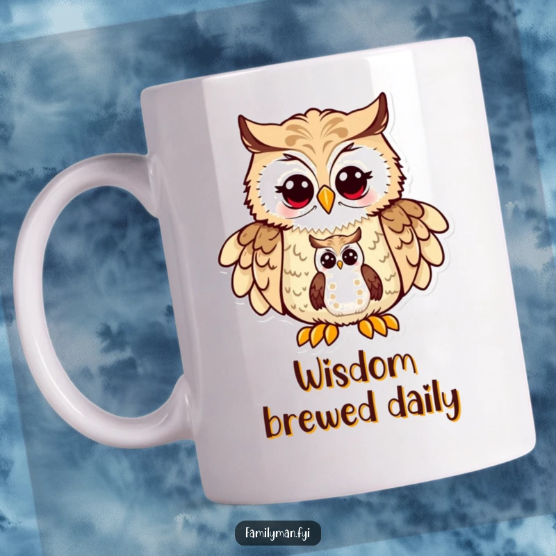 Funny Dad Owl Map Mug: A proud father owl character points at a map for his small owlet, symbolizing guidance and love.