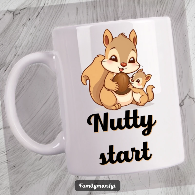 Funny Dad Squirrel Nut Mug: A doting father squirrel character sharing a nut with its youngster, symbolizing generosity and love.