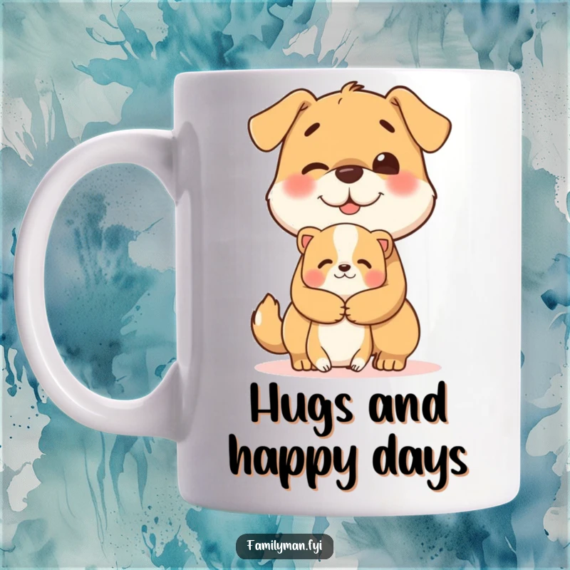 Funny mug featuring a cheerful dog character giving a heartwarming hug to a smaller, appreciative animal.
