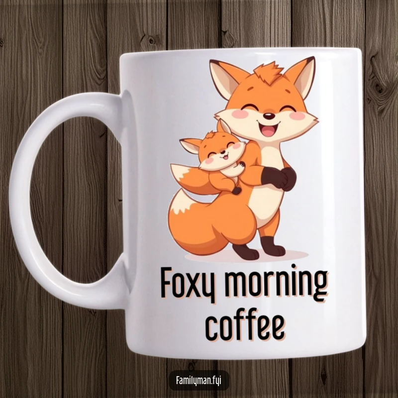 Funny Mug showing a cheerful father fox carrying a baby fox on its back, emphasizing care and connection.