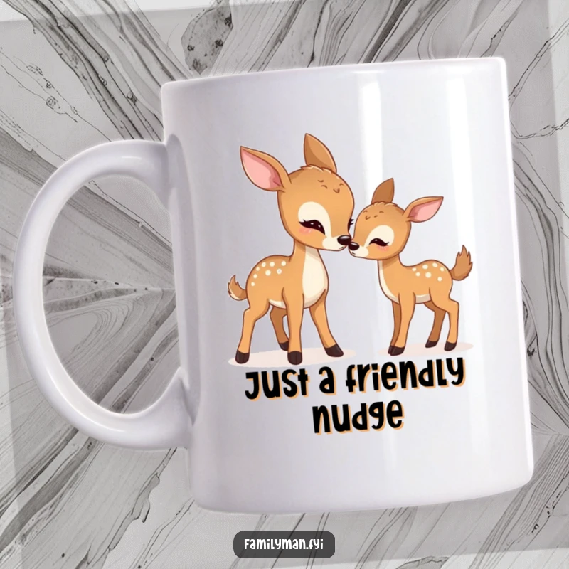 Funny deer mug featuring a gentle doe playfully nudging her fawn, showcasing a heartwarming and humorous wildlife moment.