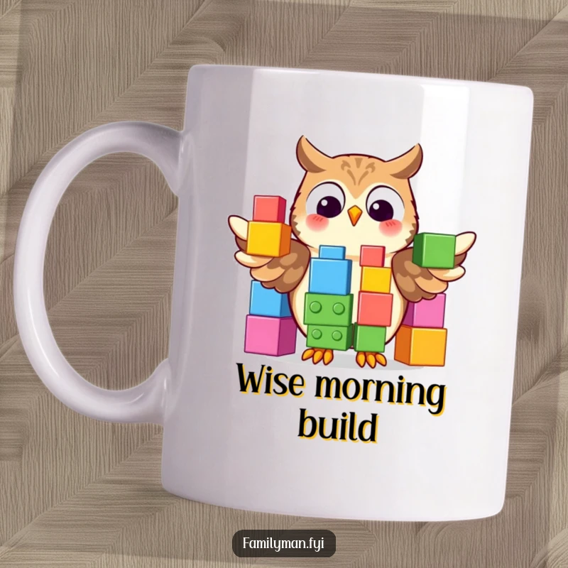 Funny Mug showing a proud owl displaying a colorful stack of oversized building blocks, symbolizing knowledge and fun.
