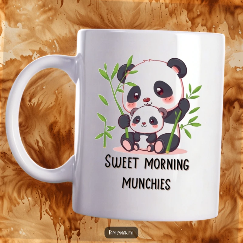 Funny panda mug showing a focused parent panda calmly sharing bamboo with its cute offspring, a humorous, serene moment.