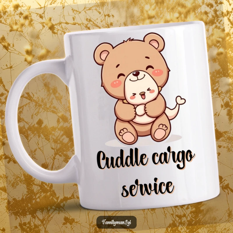 Funny mug featuring a happy bear cub character carrying a baby animal piggyback, showcasing kindness and playful companionship.
