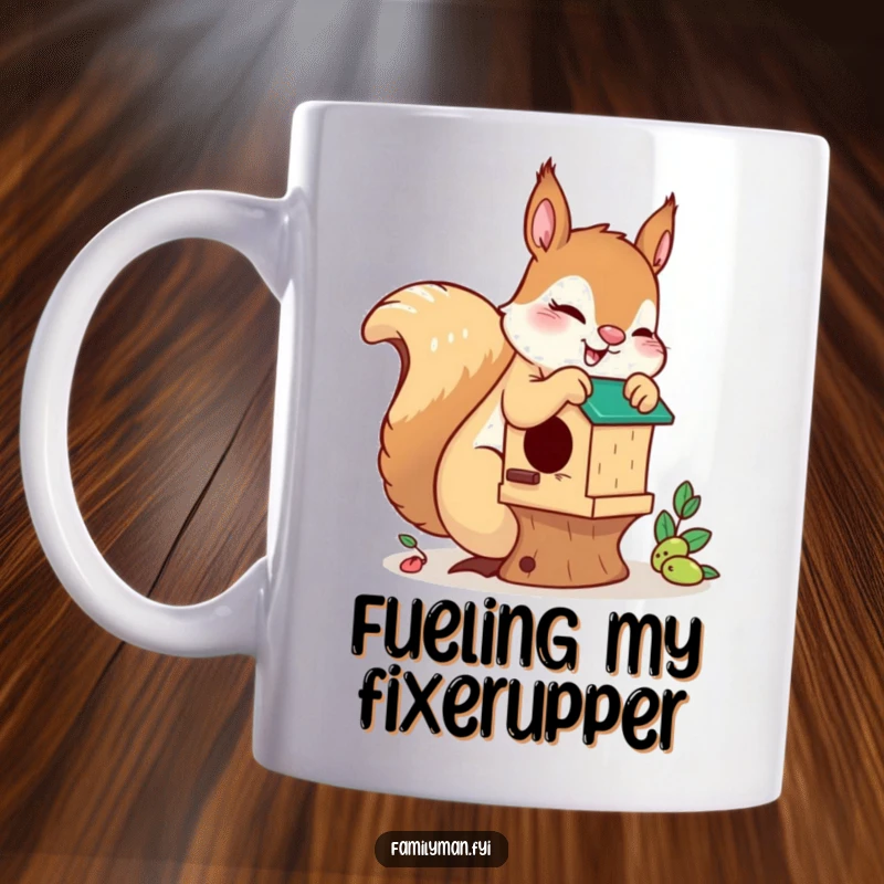 Funny playful squirrel mug, meticulously fixing a tiny, cozy birdhouse with a focused, cheerful expression, embodying industrious charm.