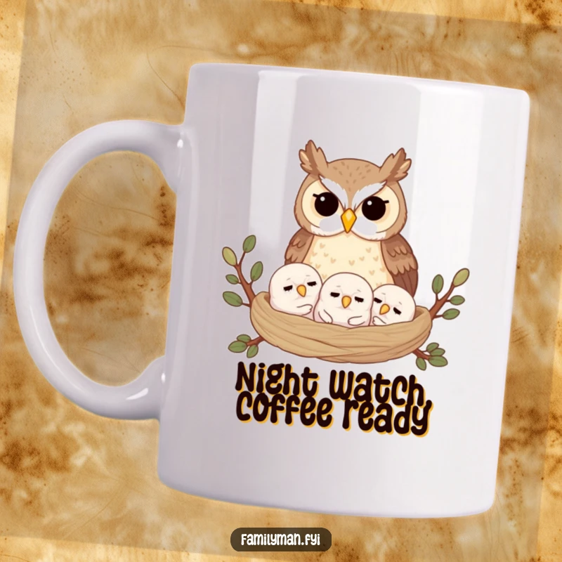 Funny mug capturing a proud owl parent watching over three sleepy owlets nestled warmly in a cozy tree branch nest.