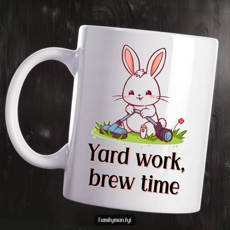 Funny mug shows a cheerful rabbit diligently mowing a small, perfectly tidy lawn with a big smile.