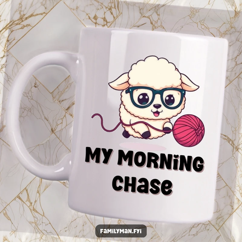 Funny Mug showing a fluffy sheep dog in oversized glasses chasing a bouncing yarn ball with energetic enthusiasm.