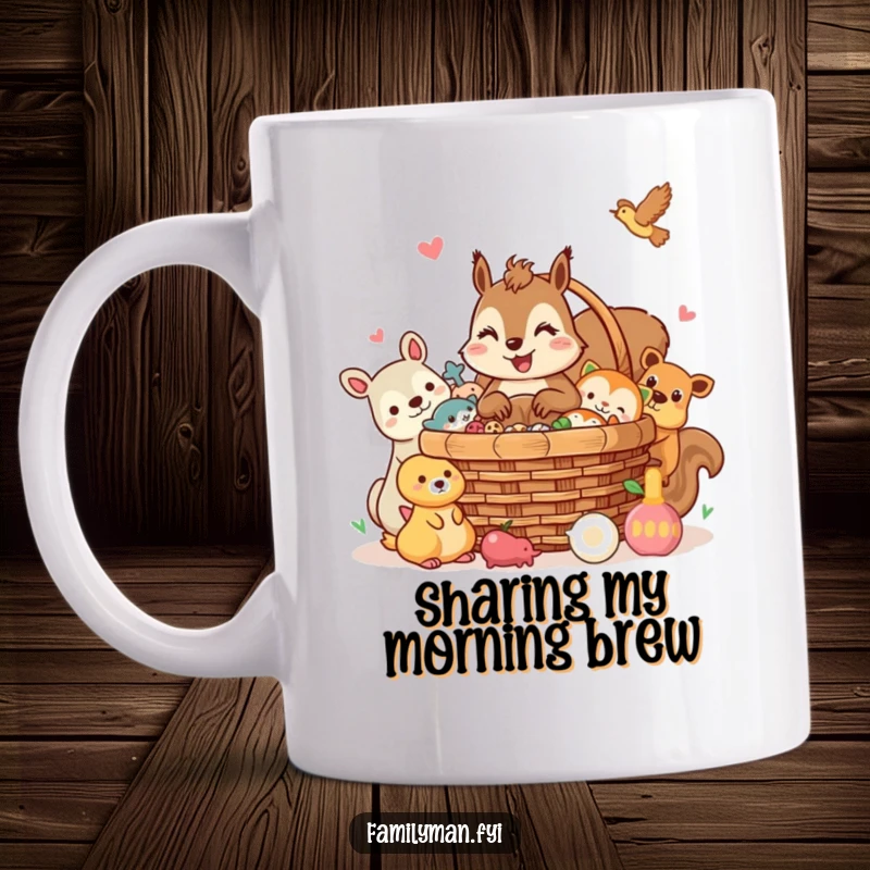 Funny squirrel mug, a cheerful character sharing a picnic basket with animal friends, symbolizing friendship. Great for sharing.