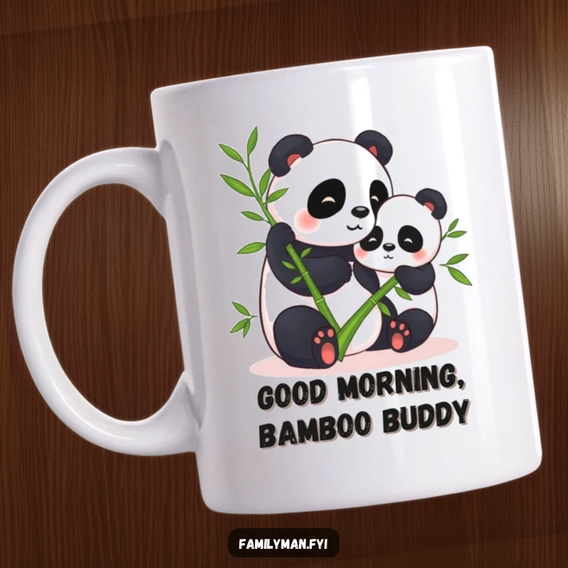 Funny mug featuring two contented pandas happily sharing a large stalk of bamboo, illustrating friendship and humor.