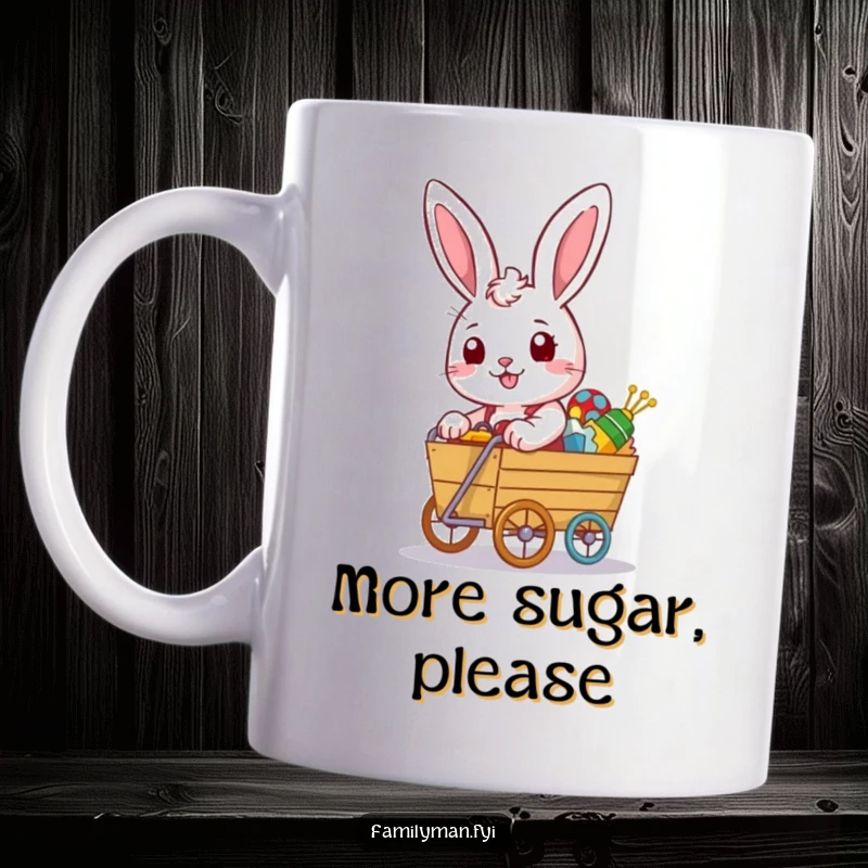 Funny rabbit mug with a determined look pushing a small, overflowing toy cart, representing enthusiastic collecting.