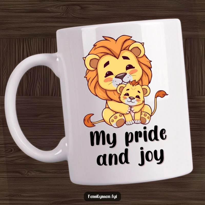 Funny mug featuring a proud lion character tenderly embracing a small, adorable cub, showcasing paternal love and protection.
