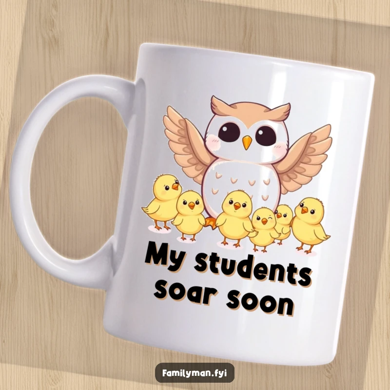 Funny owl character joyfully teaching tiny chicks the art of flying on a ceramic mug, depicting wisdom and encouragement.