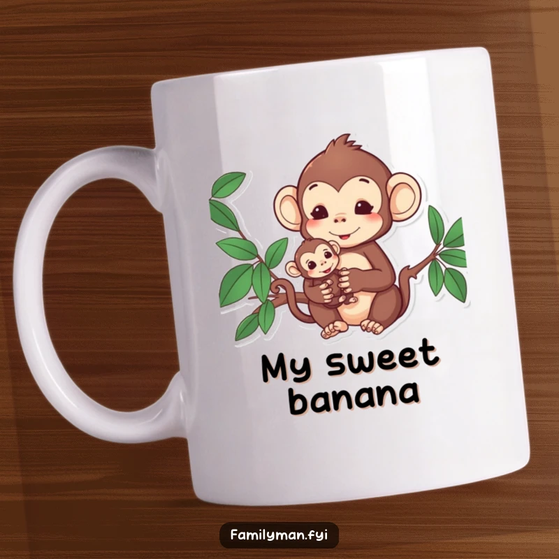 Funny Monkey Mug: Content monkey character tenderly holding a baby monkey, symbolizing love and family comfort.