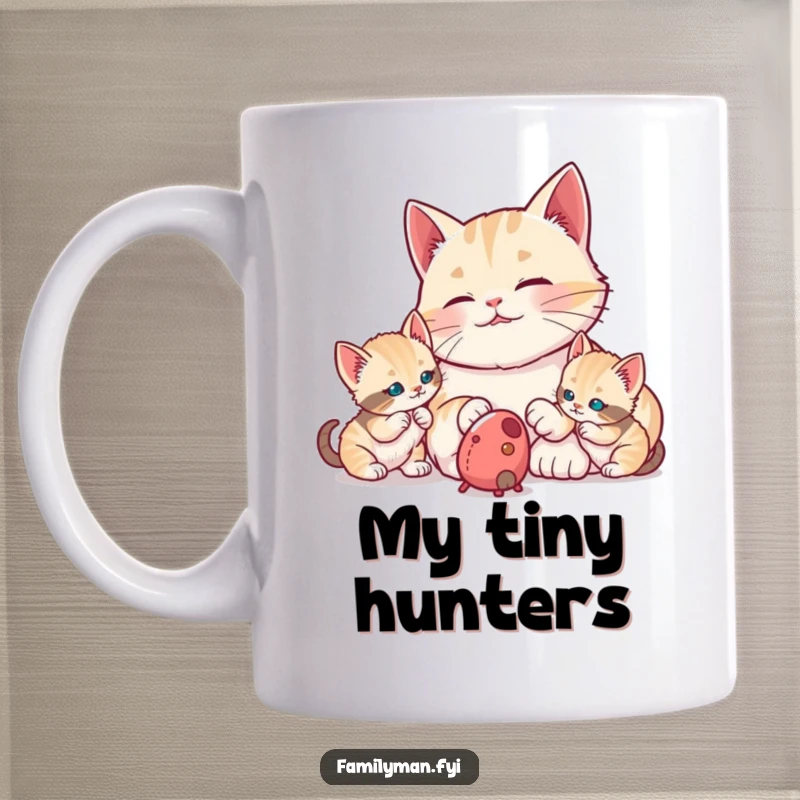 Funny proud dad cat watching his adorable kittens bat at a toy mouse on a coffee mug. Captures feline pride and playful kitten energy.