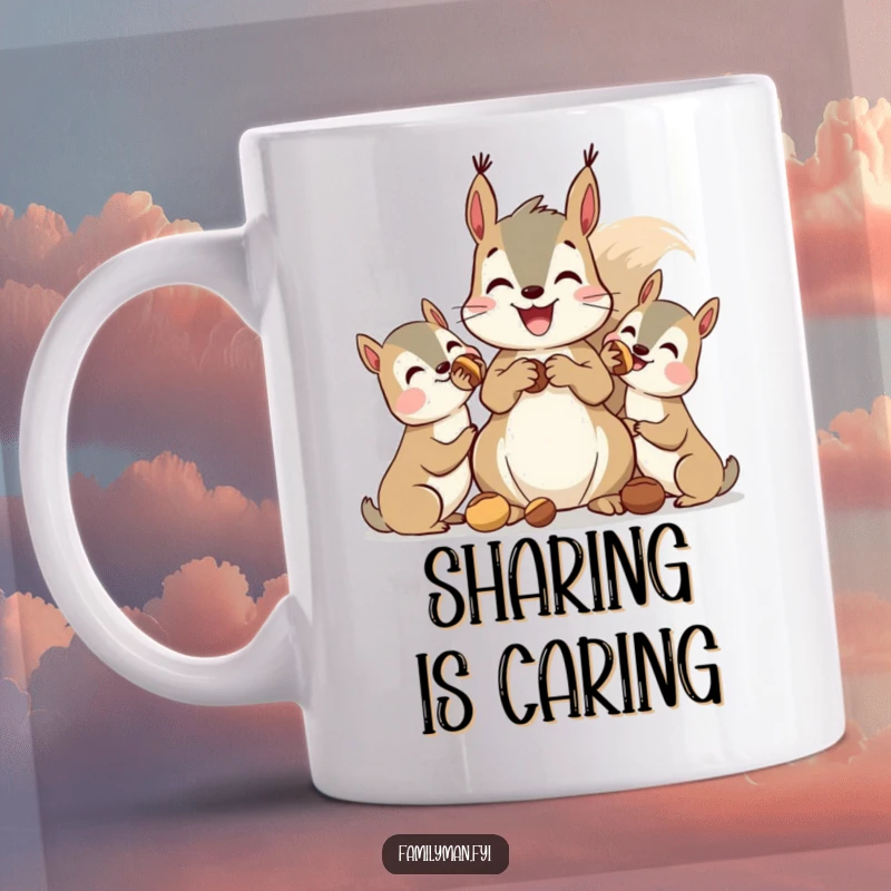 Funny squirrel mug, a delighted creature sharing nuts generously with happy friends, symbolizing community and humor.