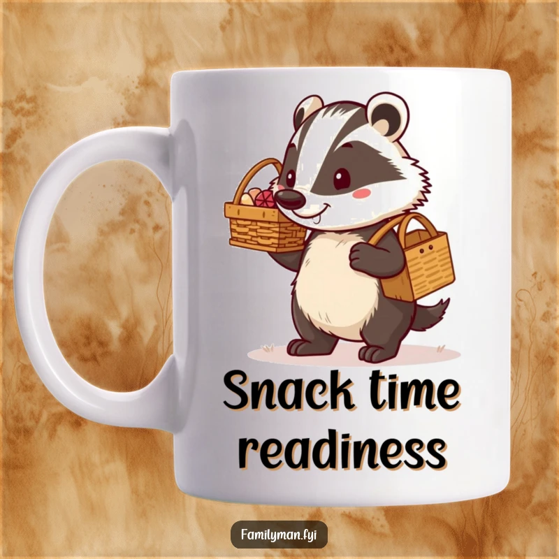 Funny determined dad badger carrying a picnic basket with a proud grin on a coffee mug. Represents strength and jovial fatherhood.