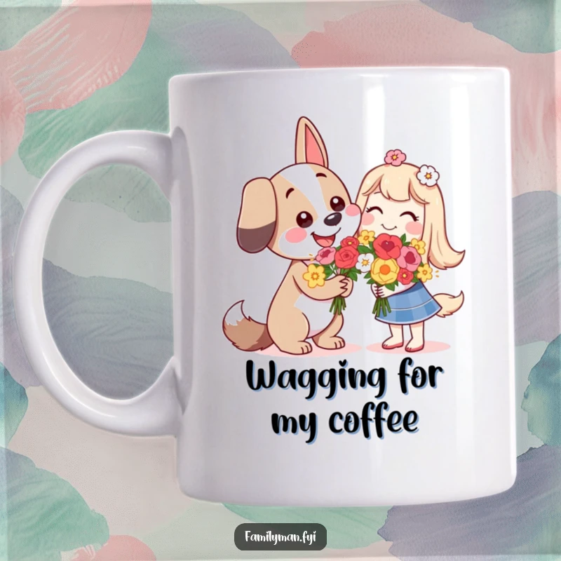 Funny happy dog character giving a bouquet of flowers to another character with a warm smile, on a mug.