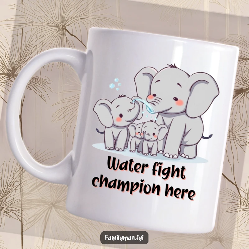 Funny elephant dad spraying water playfully on his family, captured on a durable ceramic mug for joyful sips. A heartwarming and humorous scene.