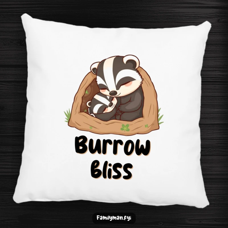 Funny Dad Badger Pillow: A caring father badger character tucking his child into a cozy burrow, offering cozy paternal security.