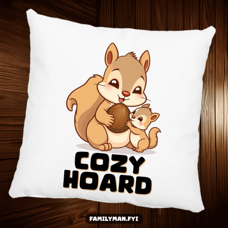Funny Dad Squirrel Pillow: A doting father squirrel character sharing a nut with its youngster, offering cozy paternal love.