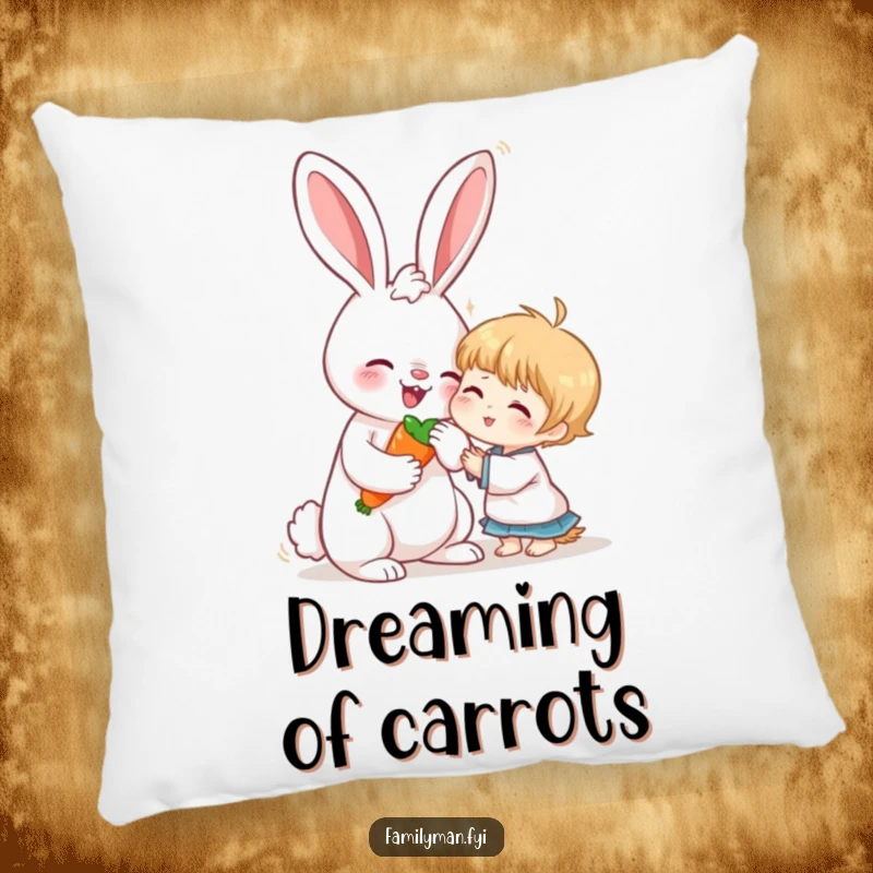 Funny pillow featuring a loving rabbit sharing a carrot with a child, providing cozy comfort and a sense of gentle friendship.