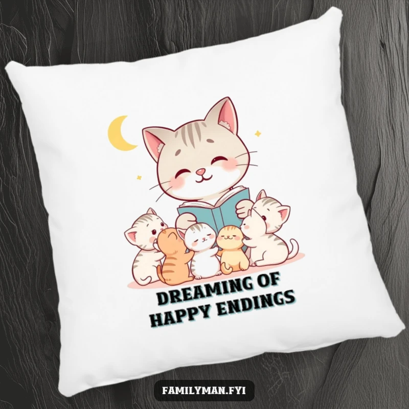 Funny cat pillow showcasing a loving mother cat reading a gentle bedtime story to her adorable, sleepy kittens, perfect for snuggling.