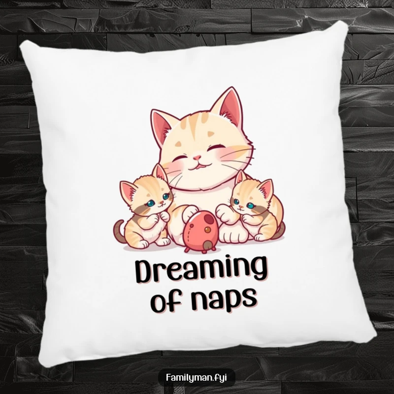 Funny proud dad cat watching his kittens bat at a toy mouse, on a soft pillow. Adds a touch of cozy humor and feline charm.