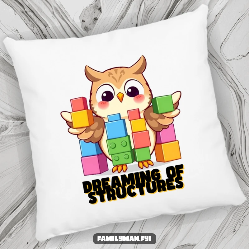 Funny Pillow with a proud owl displaying a colorful stack of oversized building blocks, adding smart comfort.