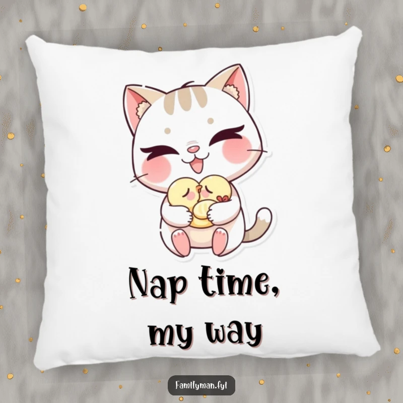 Funny cat pillow with a mischievous grin gently carrying a sleeping baby bird, soft and humorous decorative accent.