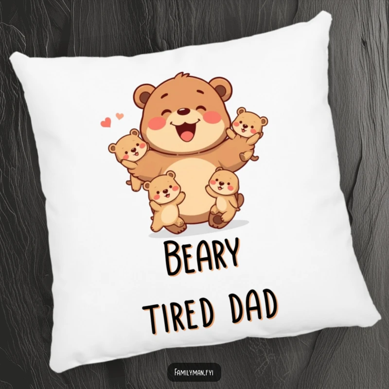 Funny Pillow showcasing a happy father bear juggling baby bears, adding whimsy and warmth to any room.