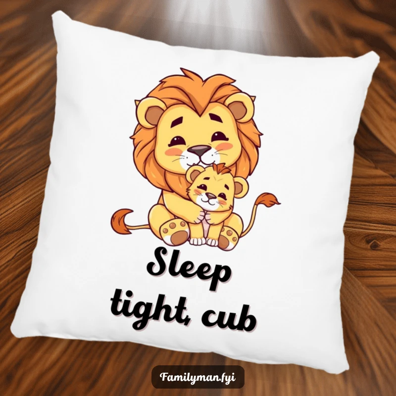Funny pillow featuring a proud lion embracing a small cub, providing cozy comfort and a sense of majestic security.